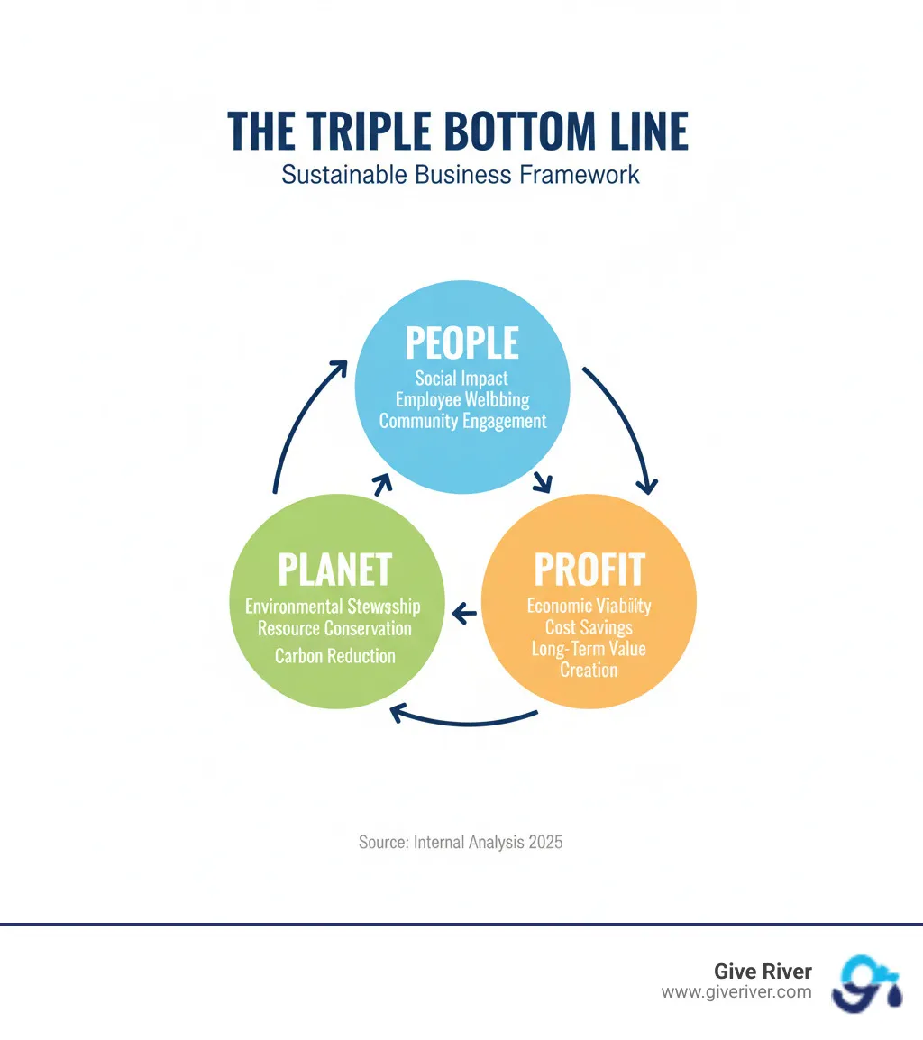 Infographic showing the Triple Bottom Line framework with three interconnected circles labeled People (social impact, employee wellbeing, community engagement), Planet (environmental stewardship, resource conservation, carbon reduction), and Profit (economic viability, cost savings, long-term value creation), with arrows showing how each element reinforces the others - Sustainable business practices infographic