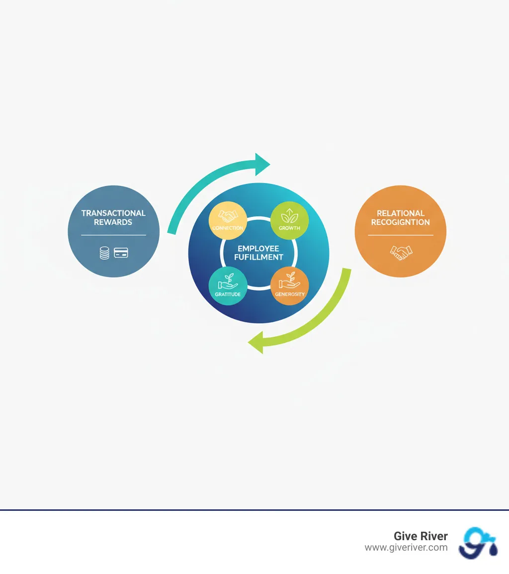 infographic showing the difference between transactional rewards and relational recognition with arrows demonstrating how they combine to create employee fulfillment through gratitude growth generosity and connection - company rewards and recognition ideas infographic 