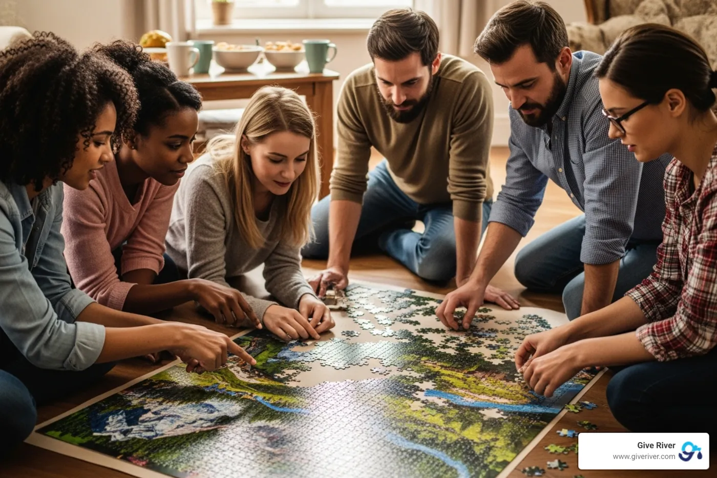 team collaborating on a large floor puzzle - amazing race challenges for team building