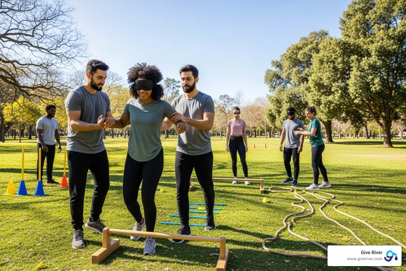 team navigating a blindfolded obstacle course in a park - amazing race challenges for team building