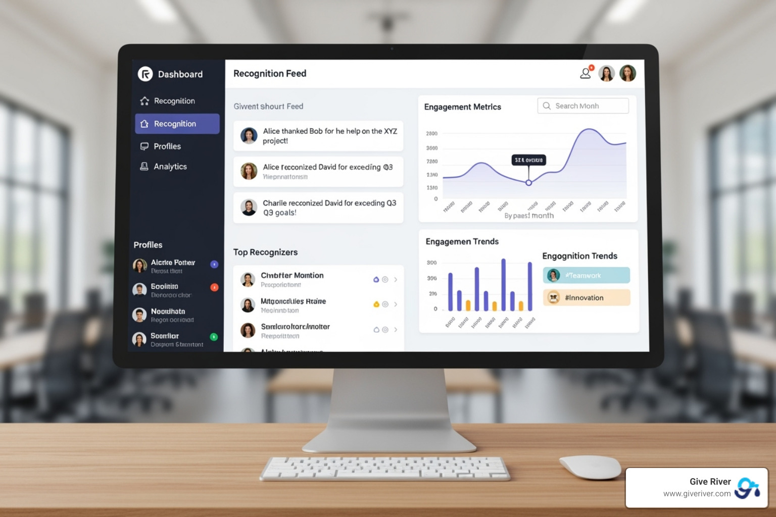 Give River platform dashboard showing various recognition activities and employee profiles - employee achievement awards