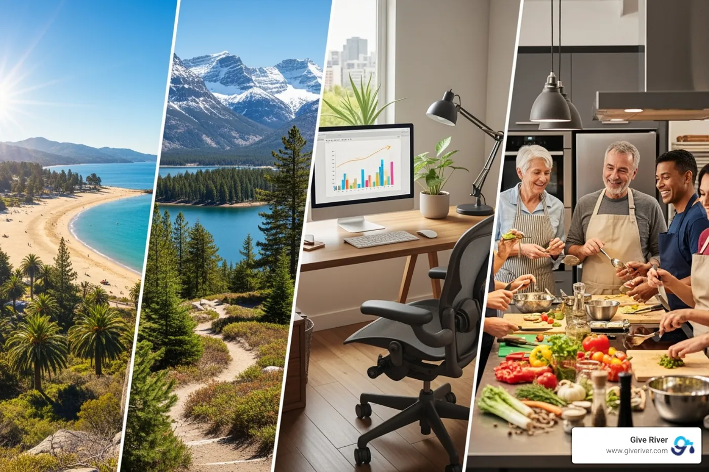 collage showing modern rewards like a travel experience, a home office upgrade, and a team cooking class - work anniversary award