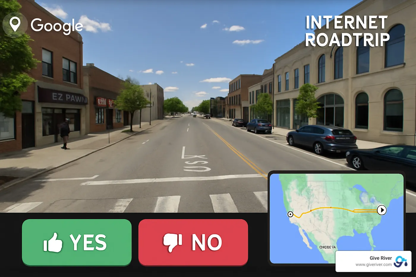 Screenshot showing unique gameplay from Internet Roadtrip with Google Street View interface, voting buttons, and live map tracking team's collective journey - best free virtual games