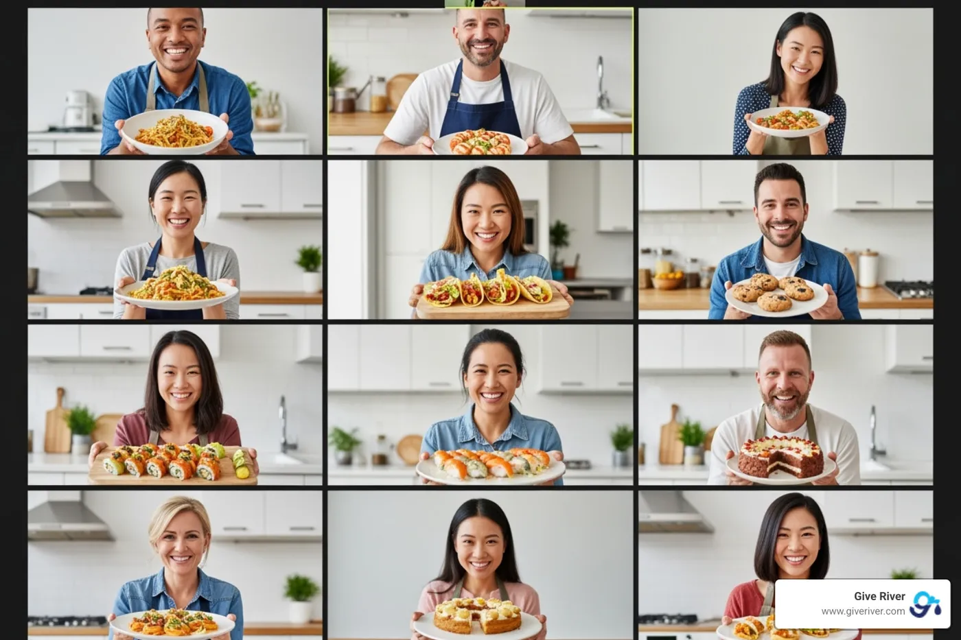 A group of colleagues participates in a virtual cooking class, smiling and holding up their culinary creations to the camera - corporate virtual fun activities