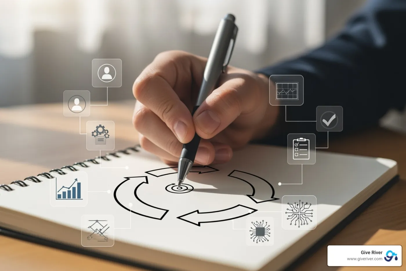 A person's hand drawing a "core loop" diagram on a notepad, illustrating Trigger -> Action -> Feedback -> Bridge, surrounded by symbols of personalization, progress tracking, and system design - Gamified personal growth