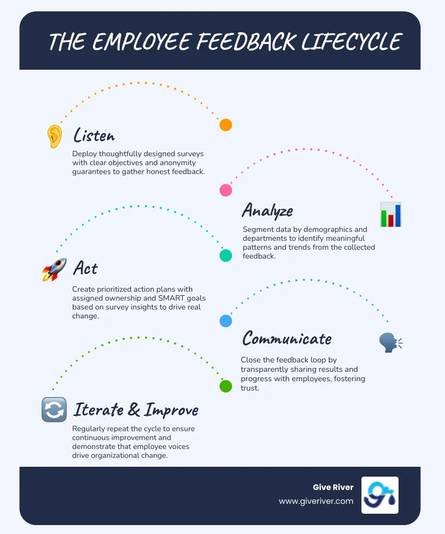 infographic showing employee survey lifecycle - hr employee survey infographic infographic-line-5-steps-blues-accent_colors