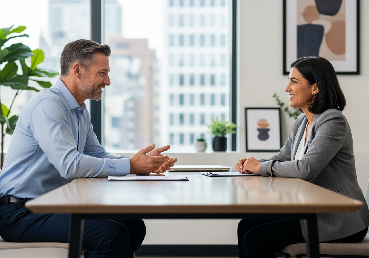 A manager and an employee engaged in a positive,
collaborative 1-on-1 meeting,
reinforcing a supportive work environment.