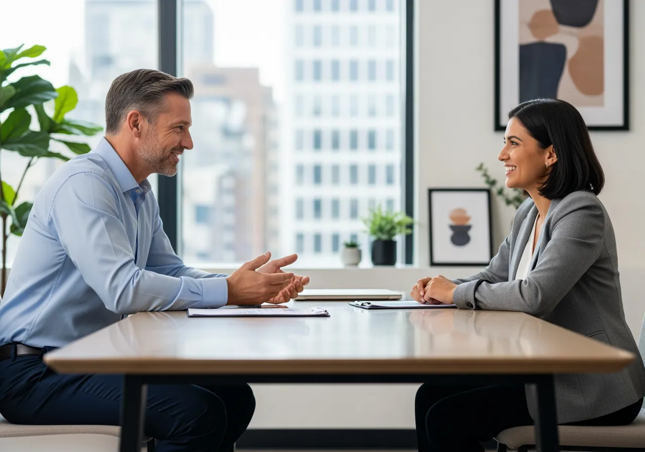 A manager and an employee engaged in a positive,
collaborative 1-on-1 meeting,
reinforcing a supportive work environment.